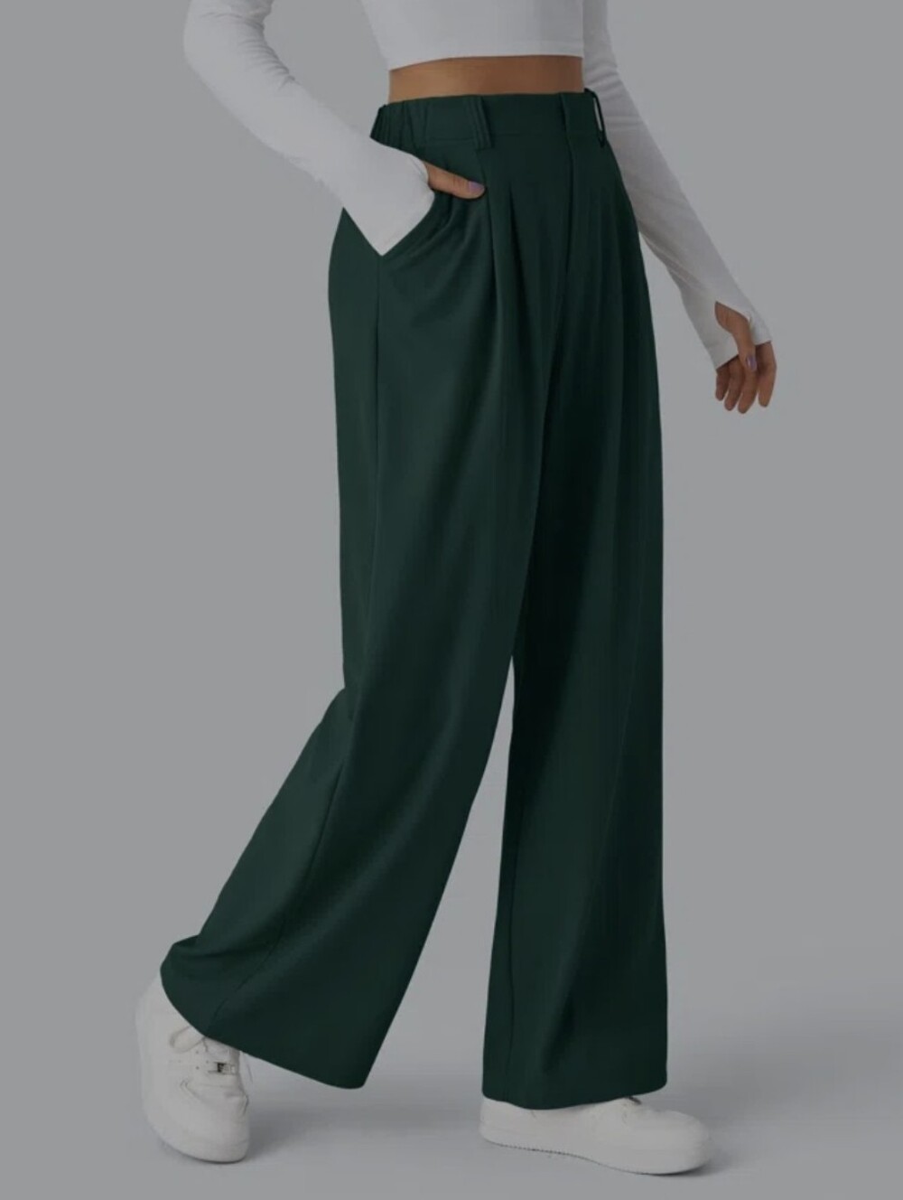 Halara Waffle Weave Wide Leg Green Dress Pants - Picture 4 of 4